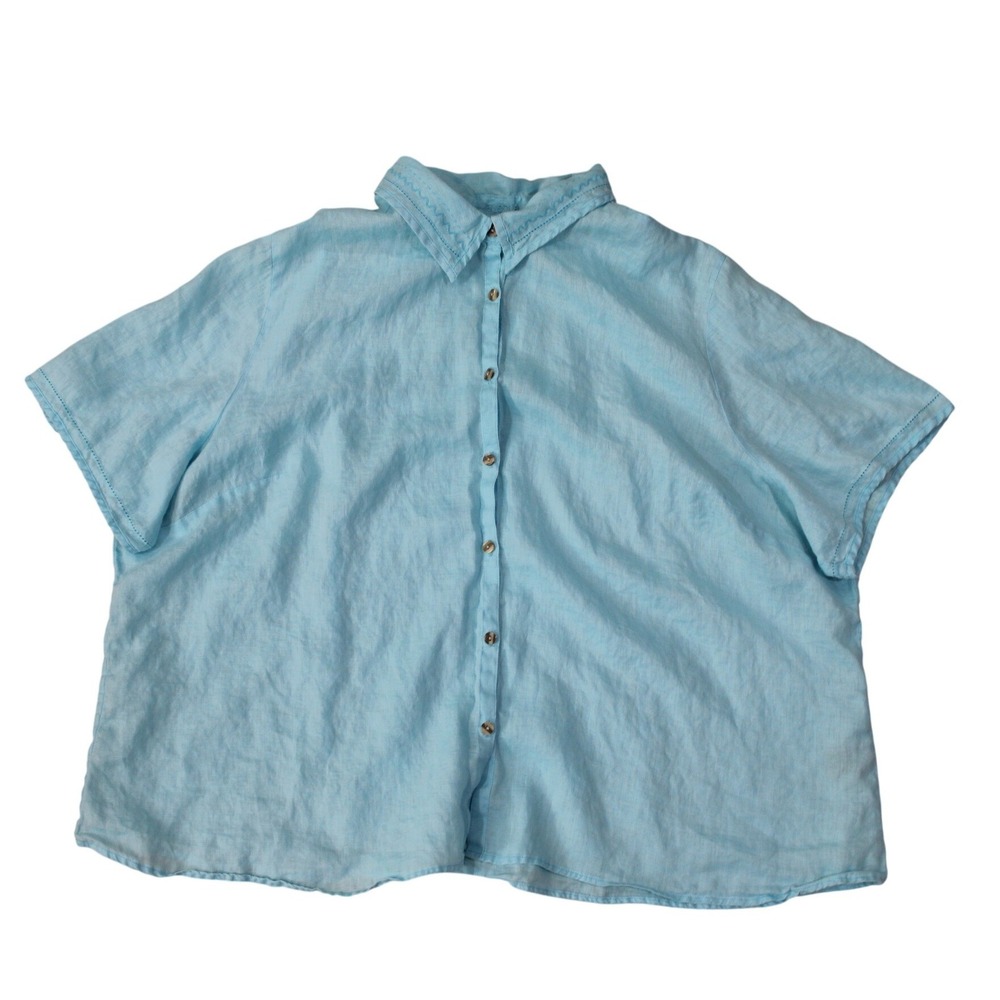 Avenue 30/32 Aqua 100% Linen Button‎ Front Blouse Plus